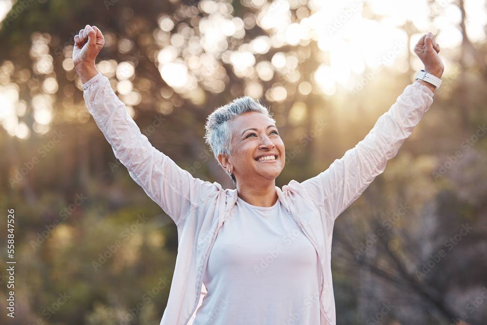 Senior woman, smile and nature while outdoor for freedom, happiness and a healthy lifestyle with fitness and fresh air. Face of happy black female at park for peace, health and wellness in summer